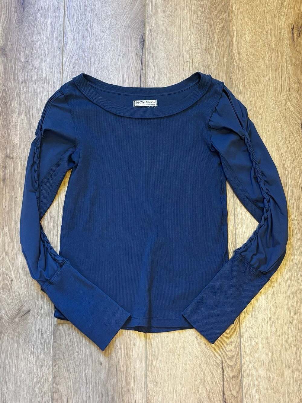We The Free Daisy Ribbed Braided Sleeve Top Navy Blue Size Small